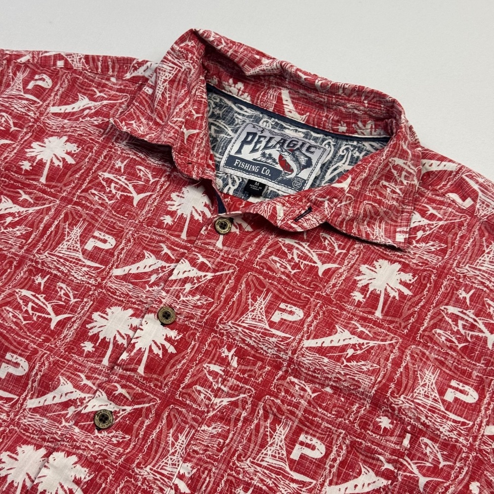 Pelagic Shirt Mens Medium Red Graphic Print Cotton Short Sleeve Button Up
